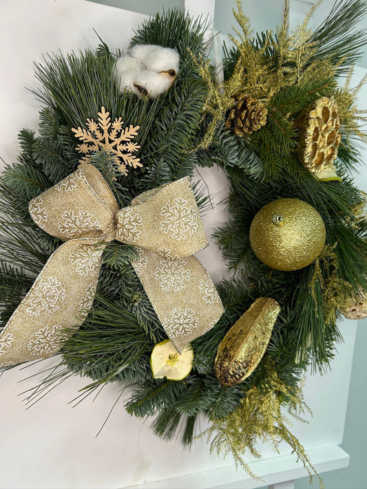 Aranjament de Crăciun Gold cu bumbac și fundă elegantă